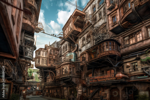 Steampunk Intricate Street, Crowded Apartments - Generated by Generative AI