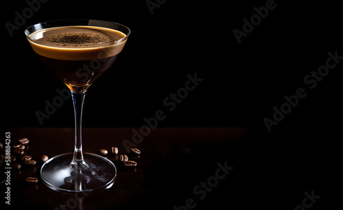 Espresso martini aperitif with coffee beans in glass on a black background with space for text. Aperitif on a dark background. Generated AI