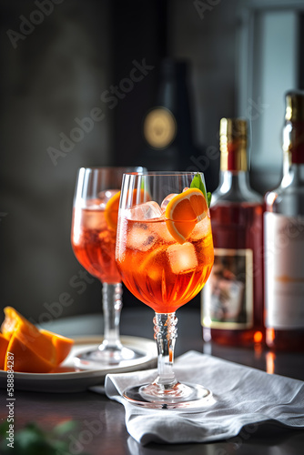Aperol Spritz aperitif with ice and orange in glass on a concrete background Fototapet