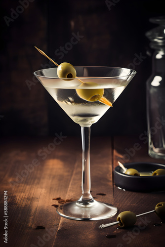 Dirty martini cocktail with olives in glass on a dark background. Generated AI