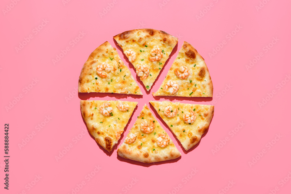 Slice pizza with shrimp, above view on a pink background Slice pizza with shrimp, above view on a pink background