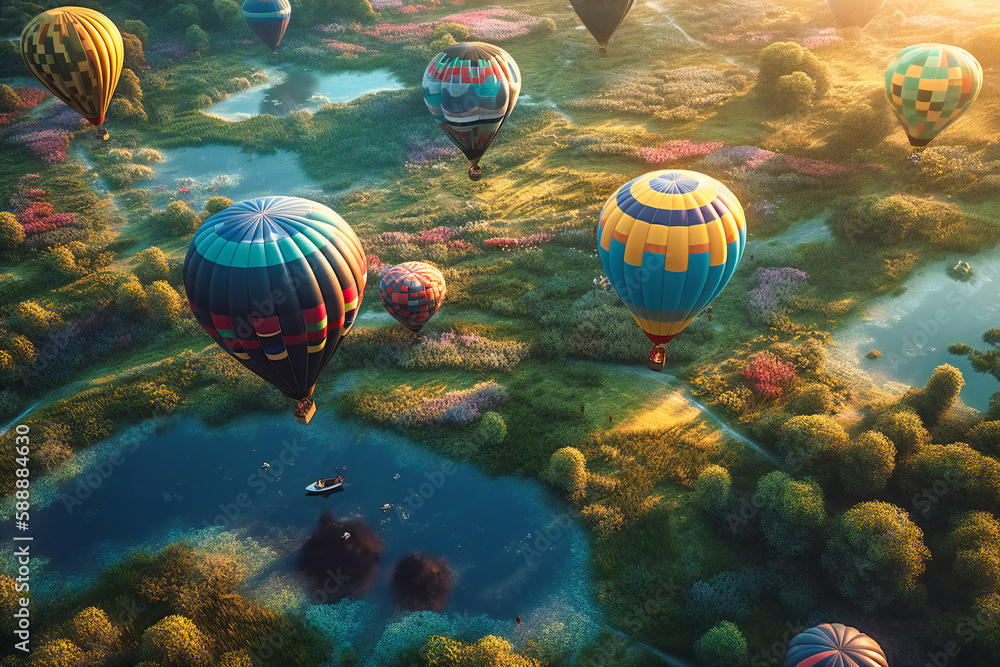 Φωτογραφία The vibrant colors of hot air balloons floating over green landscapes make for a