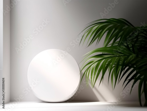 white Presentation area with plants for product presentation and advertising with shadows on the wall  bright sunlight