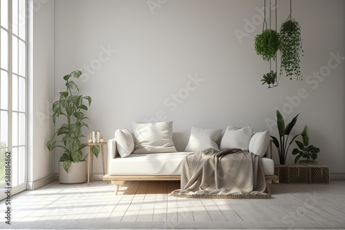 Interior design of a modern room with a sofa, pillows, blanket, and potted plant. Generative AI