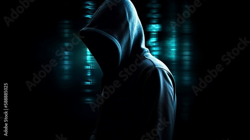 Computer crypto hacker. Hooded man in hoodie on dark background with binary code.