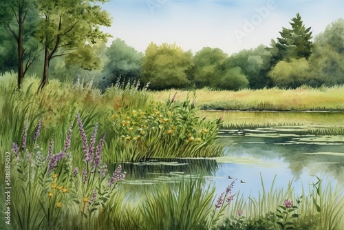 Peaceful pond surrounded by tall grasses and blooming flowers. Watercolor Painting. Generative AI