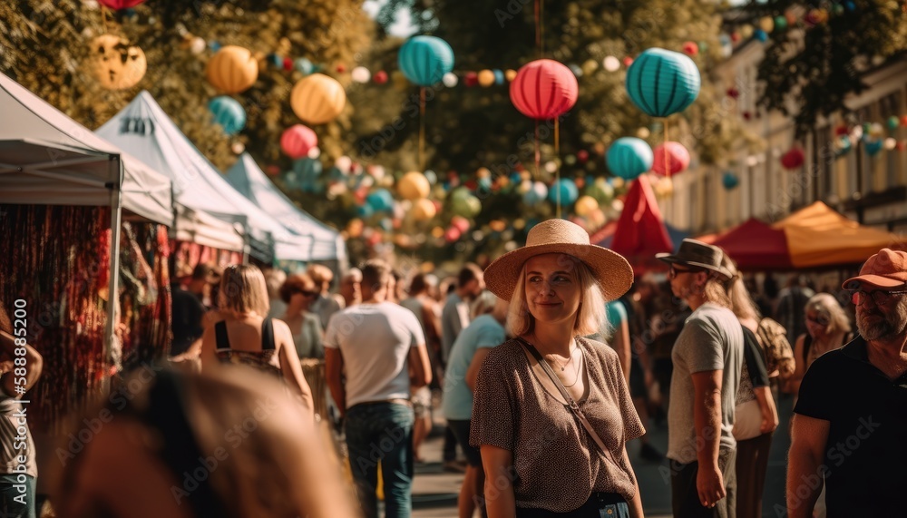 Someone enjoying a summer festival with crowds of people and colorful decorations. Generative AI