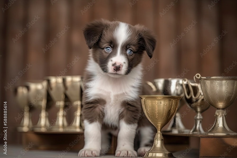Border Collie pup with gold trophy or medal in the backdrop. Generative AI Border Collie pup with gold trophy or medal in the backdrop. Generative AI