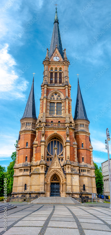 View of the Evangelische church of Saint Petri in the historic downtown of Chemnitz, Germany. Vertical panorama View of the Evangelische church of Saint Petri in the historic downtown of Chemnitz, Germany. Vertical panorama
