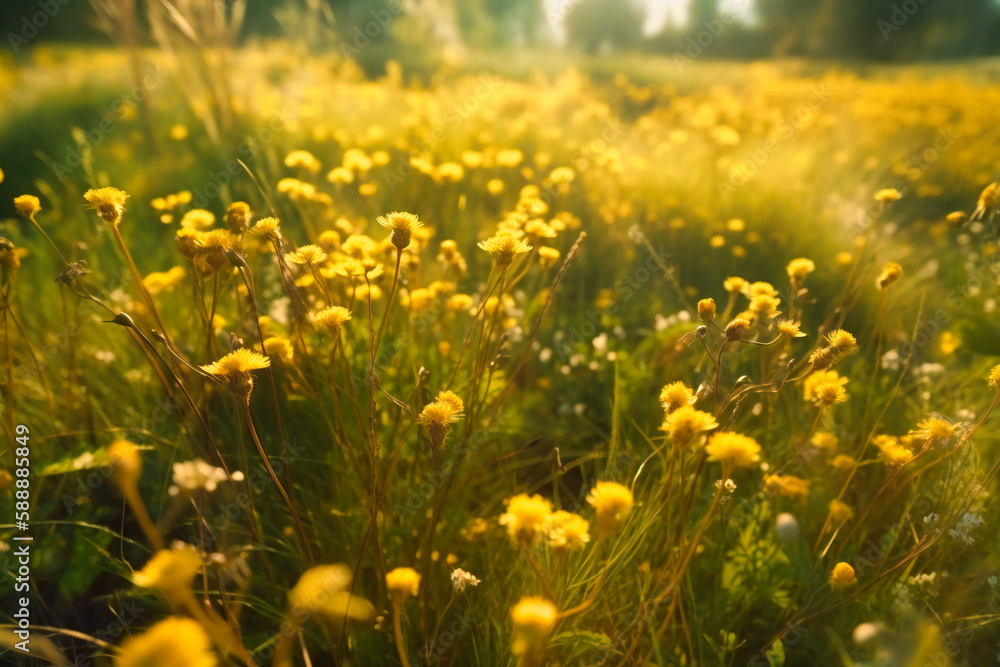 Fototapeta premium A dreamy meadow awash in sunny yellow flowers and wispy green grasses