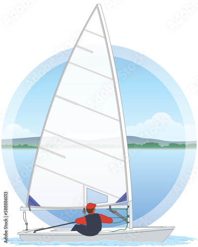 sailing Laser Standard dinghy sailboat with water and sky background in circle