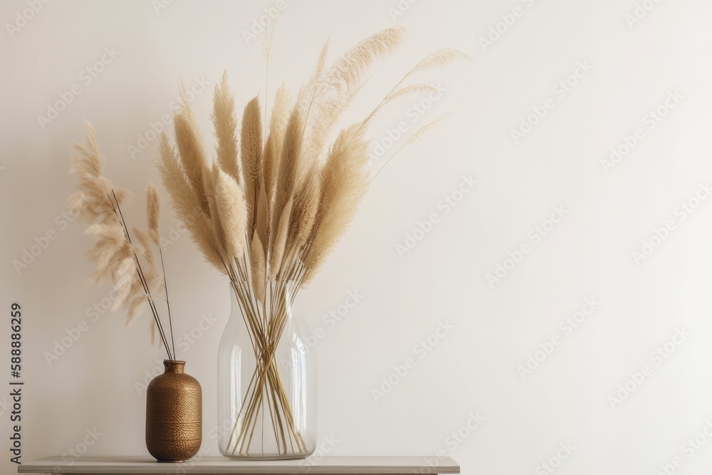 On a light gray wall, a branch of pampas grass is displayed in a vase. Concept for natural home décor. Generative AI
