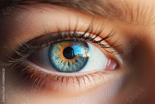 image of a beautiful blue eye with sun hitting the eye.