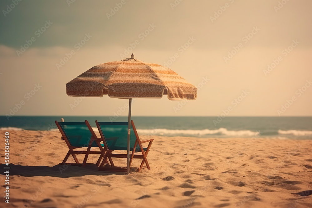 Beach umbrella with chairs on the sand summer vacation Beach umbrella with chairs on the sand summer vacation
