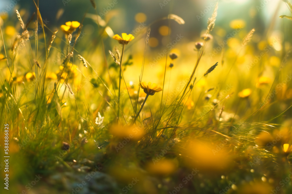 A dreamy meadow awash in sunny yellow flowers and wispy green grasses