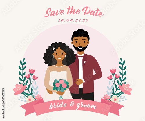 African american bride and groom with flowers wedding invitation card. Just married. Wedding. Happy african american loving couple. Vector illistration