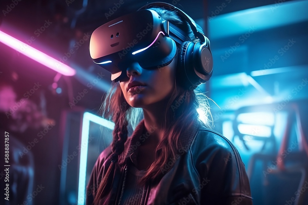 Girl in virtual reality glasses. neon light. metaverse. virtual world. Girl in virtual reality glasses. neon light. metaverse. virtual world.