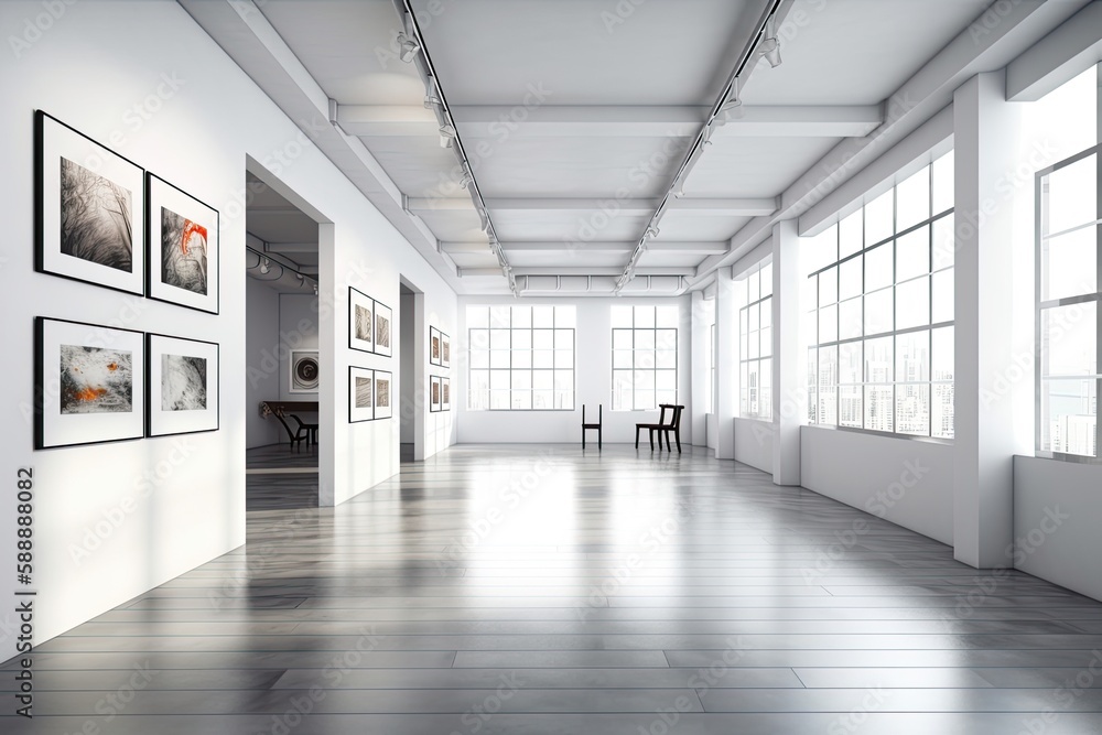 A contemporary, bright gallery with three empty, white frames. Generative AI A contemporary, bright gallery with three empty, white frames. Generative AI