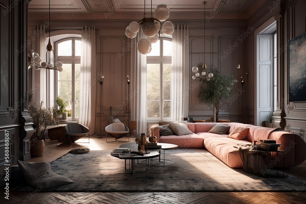 Fototapeta premium Interior design of the living room in an expensive style, stylish interior of the room. generative ai