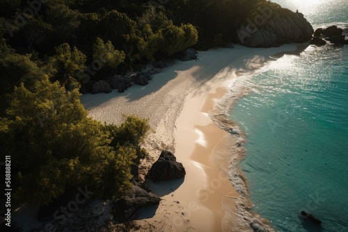 view of a beautiful and secluded beach from above - Created with Generative AI