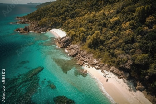 view of a beautiful and secluded beach from above - Created with Generative AI