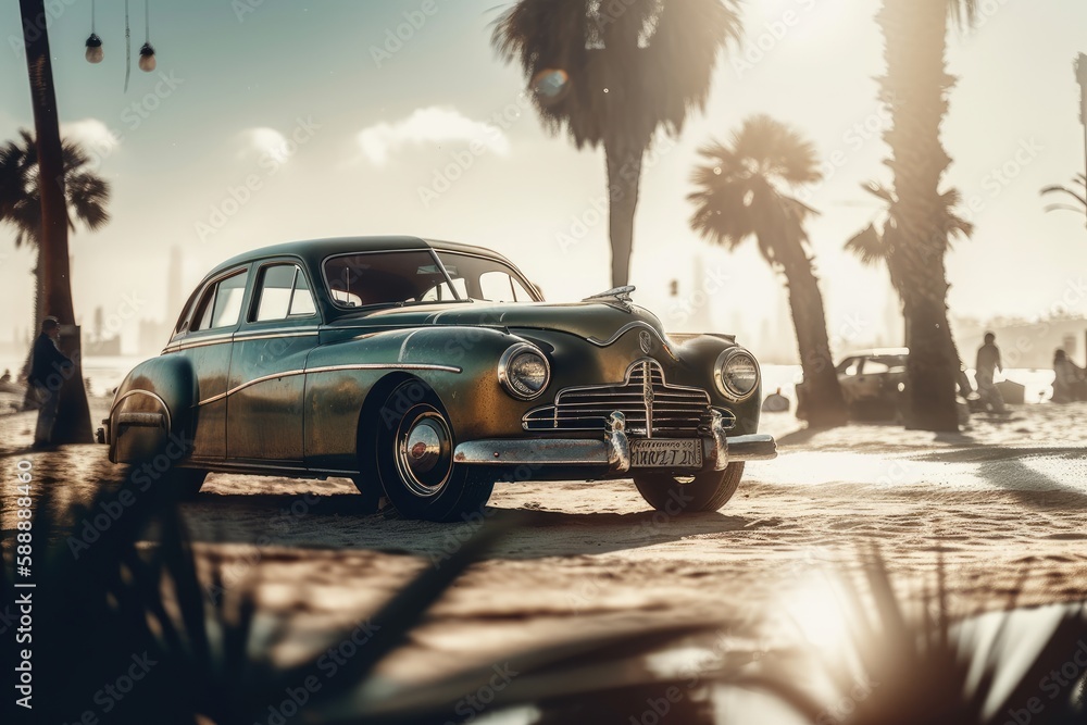 vintage car on the beach - Illustration created with generative ai