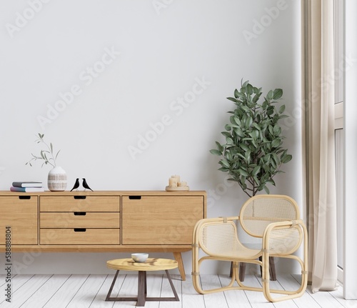 big white living room.interior design,wooden long sideboard,table set,empty wall for mock up and copy space