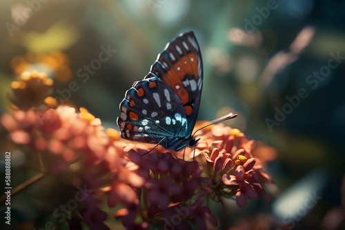 A multicolored butterfly on a blooming flower in clear weather. The concept of spring. generative ai © AndErsoN