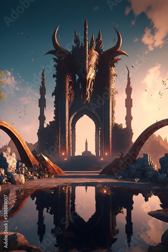 A beautiful valyrian arcane towers within a magical city, whilst dragons flying through the sky photo