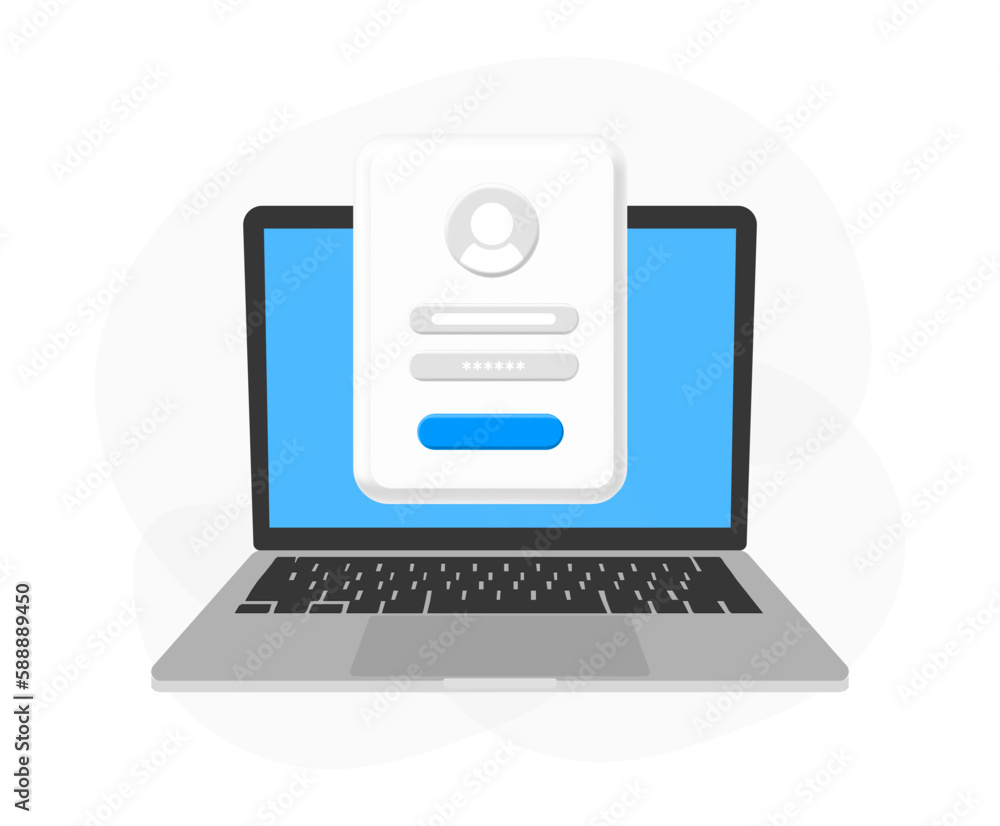 Login form on laptop screen with login and password page. Username and password fields. Online registration. Sign in to account. User authorization. Vector illustration. Login form on laptop screen with login and password page. Username and password fields. Online registration. Sign in to account. User authorization. Vector illustration.