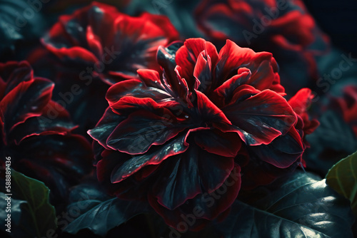 A bold and dramatic design with oversized black leaves and striking red flowers