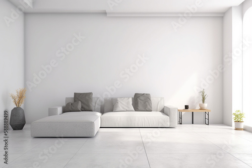 Modern minimalist scandinavian interior with a big empty wall - mockup design. Illustration. Generative AI © Mihai Zaharia