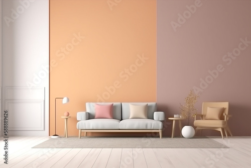 Modern minimalist scandinavian interior with a big empty wall - mockup design. Illustration. Generative AI