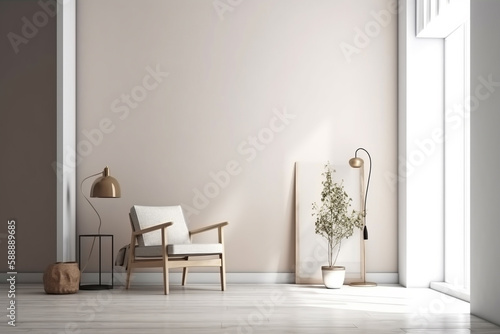 Modern minimalist scandinavian interior with a big empty wall - mockup design. Illustration. Generative AI