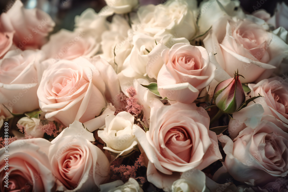 A romantic and dreamy background of soft pink roses and delicate white flowers A romantic and dreamy background of soft pink roses and delicate white flowers