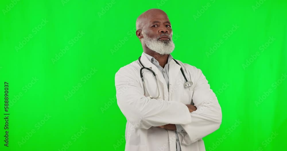 Arms crossed, doctor and face of a black man on a green screen isolated ...
