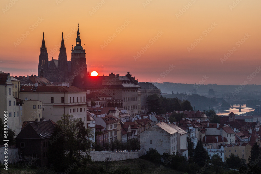Early morning view of St. Vitus cathedral and the Lesser side in Prague, Czech Republic