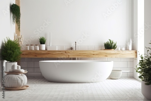 Fragmented modern minimalist luxury bathroom with bathtub  sink  and potted plant over a wooden table top or shelf holding aromatic sticks bottles  white architecture interior design. Generative AI