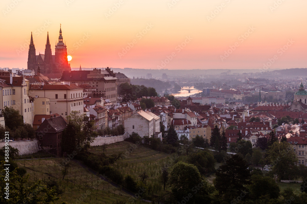 Early morning view of St. Vitus cathedral and the Lesser Side in Prague, Czech Republic