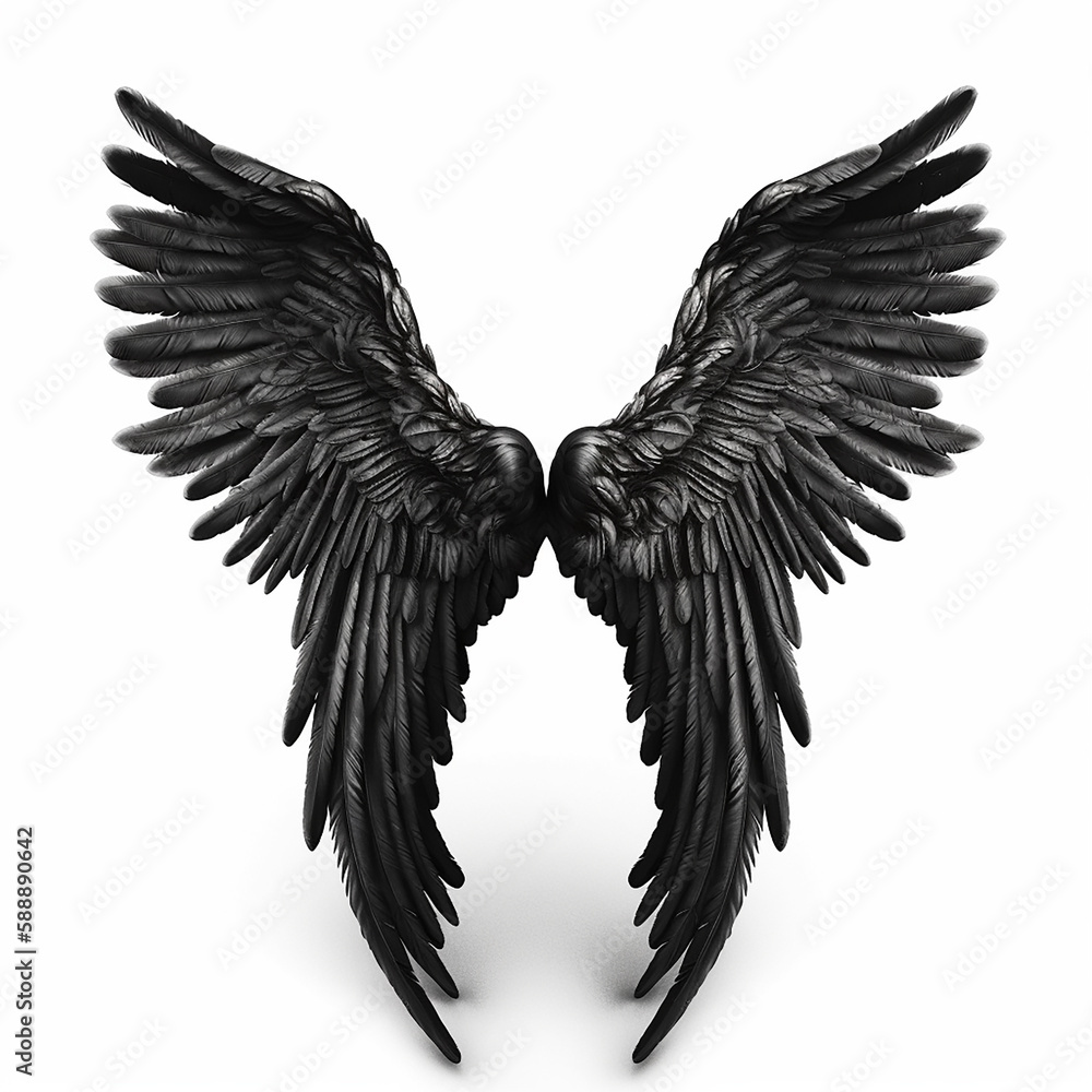 Obraz premium Black bird wings with feathers isolated on white close-up, for tattoo, design element, ai generative