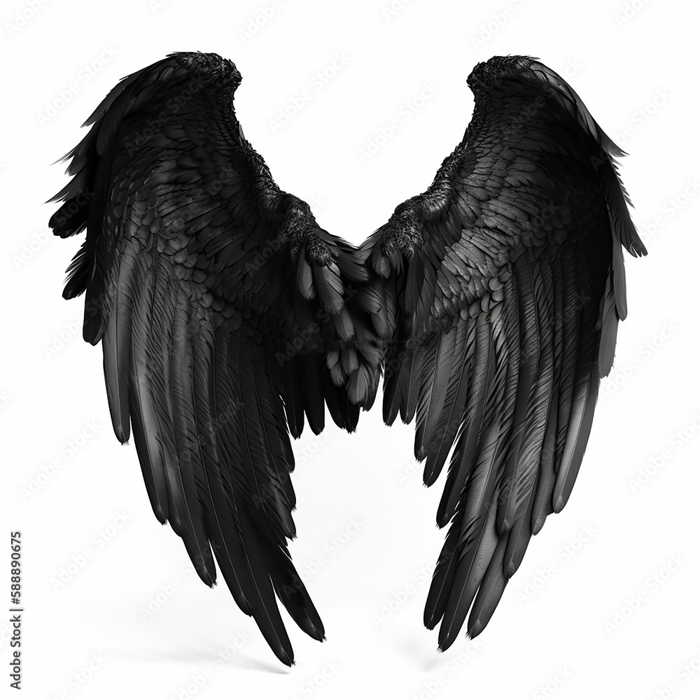 Fototapeta premium Black bird wings with feathers isolated on white close-up, for tattoo, design element, ai generative