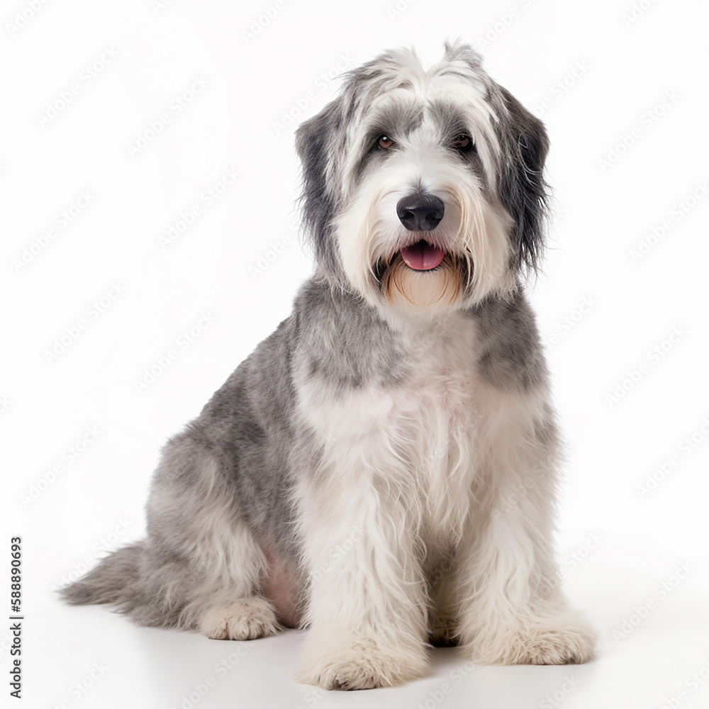 Cute white fluffy dog breed bobtail portrait close-up, isolated on white, unusual pet, ai generative 