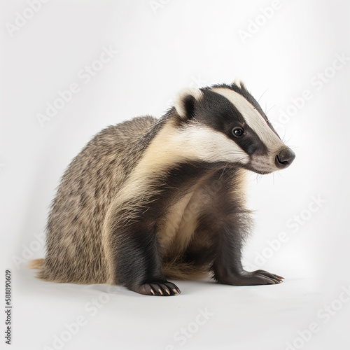 Badger, wild predator isolated on white close-up, interesting animal, ai generative