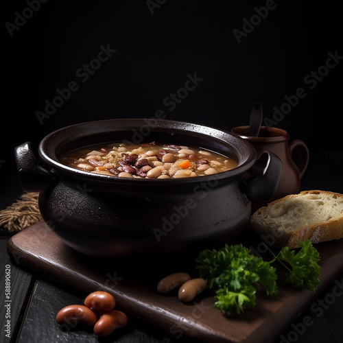 Delicious appetizing hot bean soup, great dish for lunch menu, isolated on black close-up, ai generative