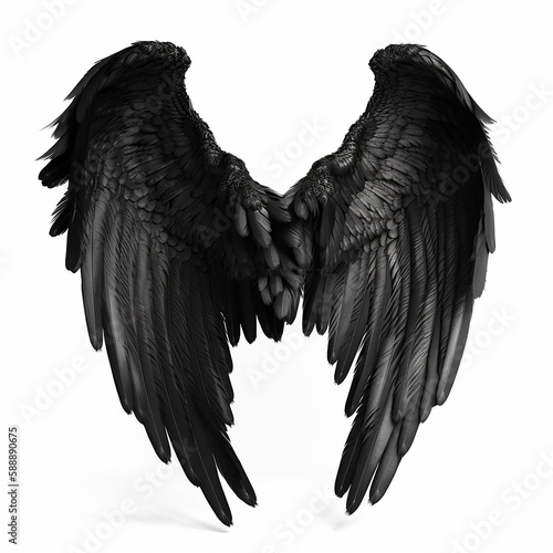 Black bird wings with feathers isolated on white close-up, for tattoo, design element, ai generative
