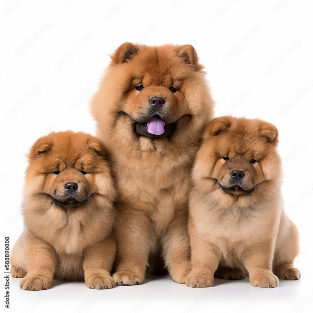 red fluffy chow-chow breed dog with puppies isolated on white, cute pets, ai generative