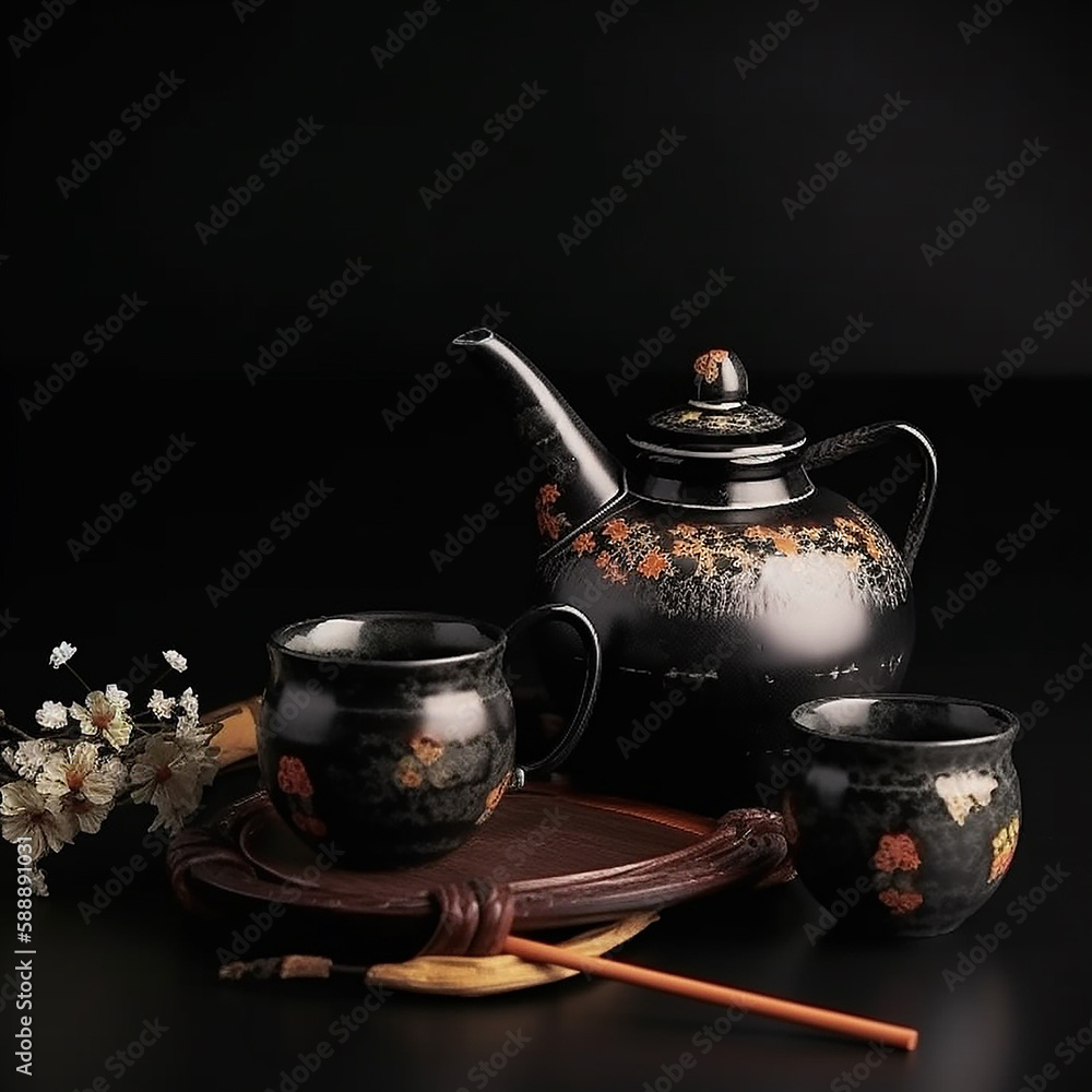Background set of elements for the tea ceremony, mugs, bowls, teapots, mats, on a black background, ai generaitive Background set of elements for the tea ceremony, mugs, bowls, teapots, mats, on a black background, ai generaitive