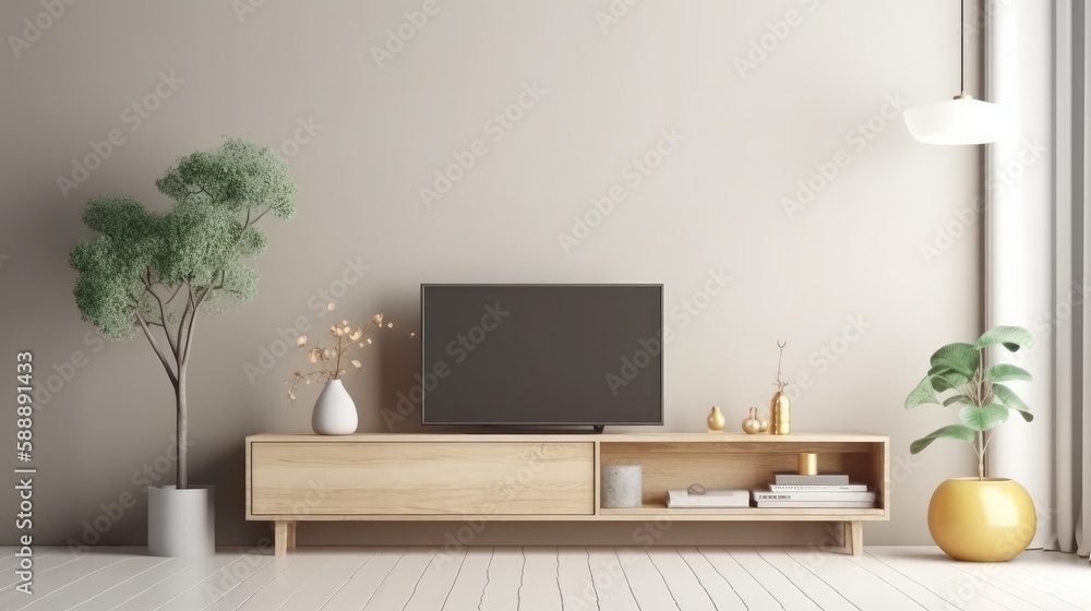 A room with an empty tv console and table. Generative AI. A room with an empty tv console and table. Generative AI.