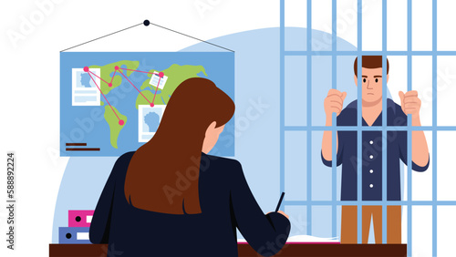 Vector illustration of a prisoner behind bars. Cartoon scene with a prisoner behind bars and a female police officer interrogating a suspect in a crime and recording a statement on a white background.