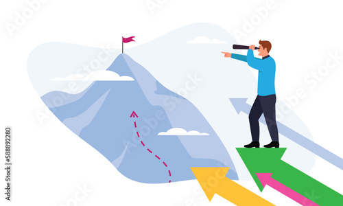 Vector illustration of a man who succeeds. Cartoon scene with a man looking through binoculars at a mountain with a red flag and reaching the top in business on white. Career growth. Business plan.